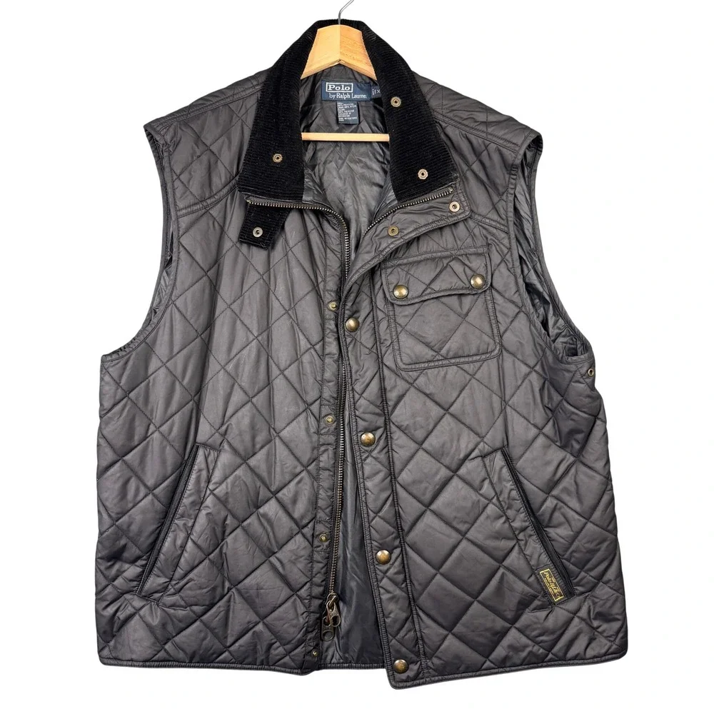 Polo Ralph Lauren Mens XL Black Quilted Vest Corduroy Collar Full Zip Snap Front